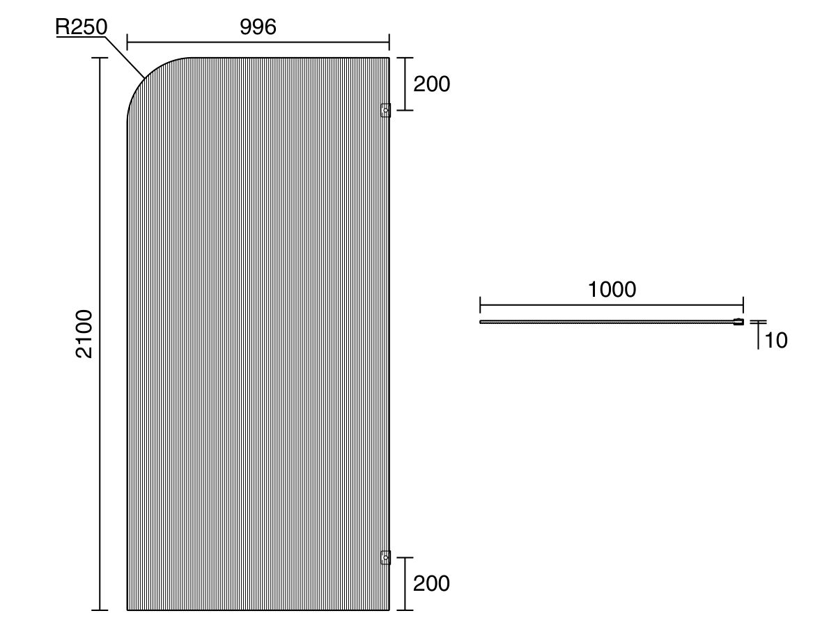 Technical Drawing - Kado Lux Frameless Curved Right Fluted Panel with Wall Clips 1000mm