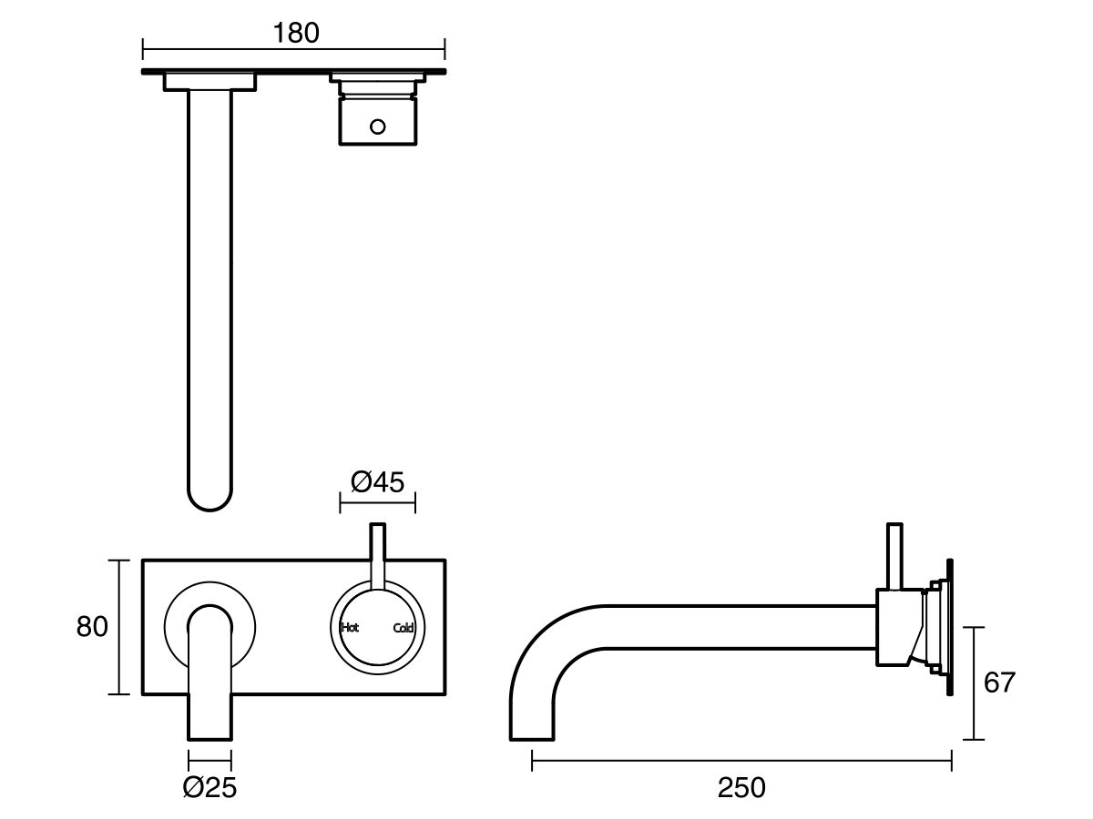 Technical Drawing - Scala 25mm Curved Wall Basin Mixer Tap System Right Hand Mixer Tap 250mm Outlet