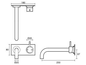 Technical Drawing - Scala 25mm Curved Wall Basin Mixer Tap System Right Hand Mixer Tap 250mm Outlet