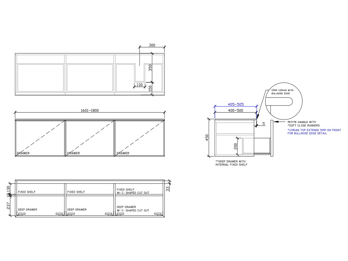 ISSY Adorn Above Counter / Semi Inset Wall Hung Vanity Unit with Three Drawers & Internal Shelves with Petite Handle 1601-1800mm x 400-500mm x 450mm OFFSET RIGHT