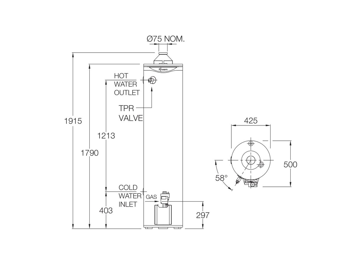 Rheem 800 Series 170L 3 Star Internal Natural Gas Hot Water System from