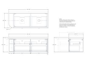 Technical Drawing - Kado Era 50mm Durasein Statement Top Single Curve All Drawer 1350mm Wall Hung Vanity with Double Basin
