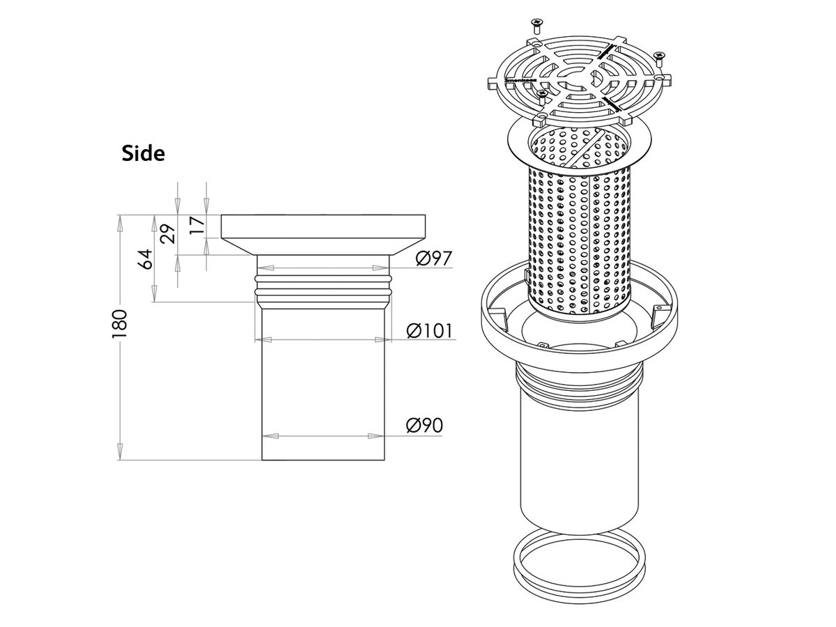 Round 150mm Grate Bucket Trap Push-In PVC 100mm