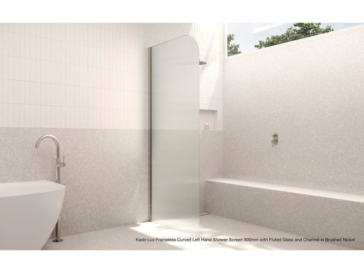 In Situ - Kado Lux Frameless Curved Left Hand Shower Screen 900mm with Fluted Glass and Channel in Brushed Nickel