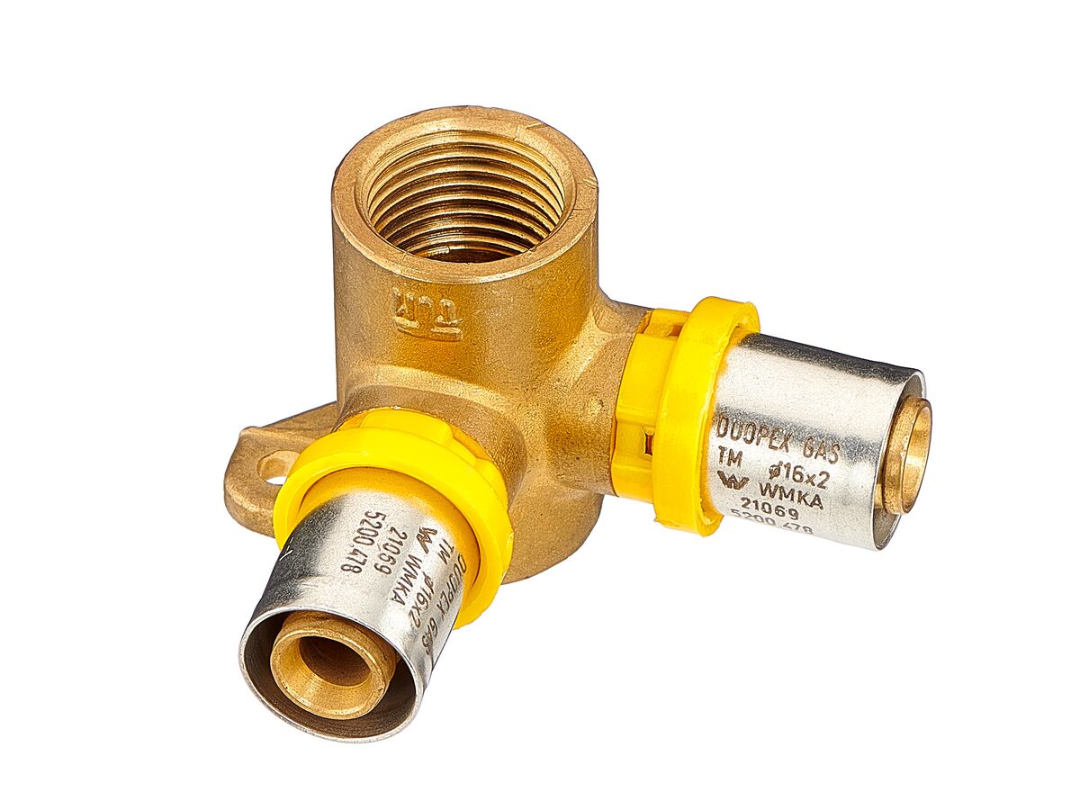 Duopex Gas Crimp Female Elbow 2 Way 20mm x 1/2" from Reece
