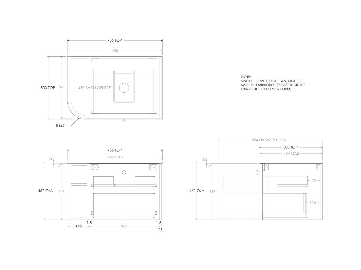 Kado Era 12mm Durasein Top Single Curve All Drawer 750mm Wall Hung Vanity with Center Basin