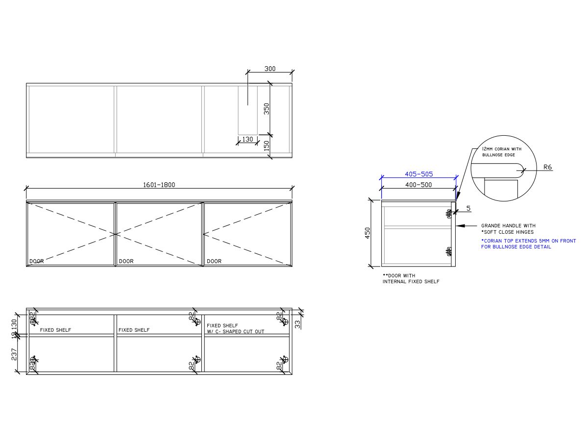 ISSY Adorn Above Counter / Semi Inset Wall Hung Vanity Unit with Three Doors & Internal Shelf with Grande Handle 1601-1800mm x 400-500mm x 450mm OFFSET RIGHT (CENTRE RIGHT)