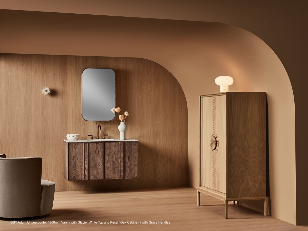 Adorn 3 vanity with Carrara Grace handle and Cloud shaving cabinet portrait - Pecan Oak