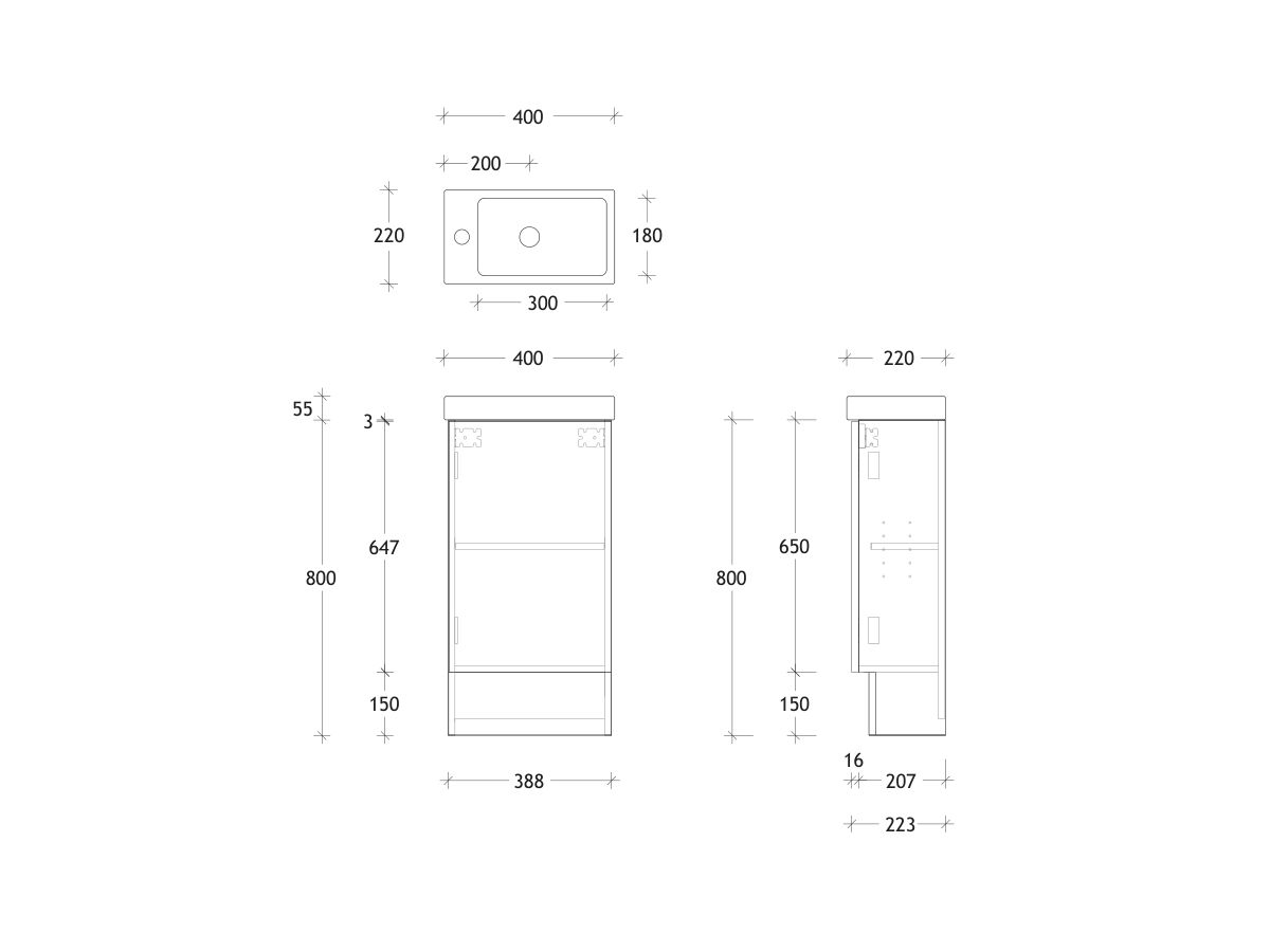 Technical Drawing - Posh Domaine Mini Floor Mount Vanity Unit
