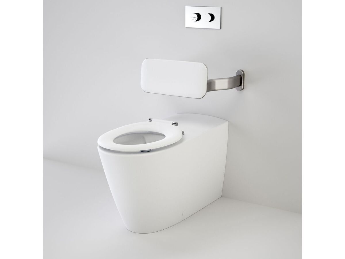 Caroma Care 800 Cleanflush Wall Faced Back Inlet Invisi II Toilet Suite S&P Trap Backrest with Caravelle Single Flap Seat White (4 Star)