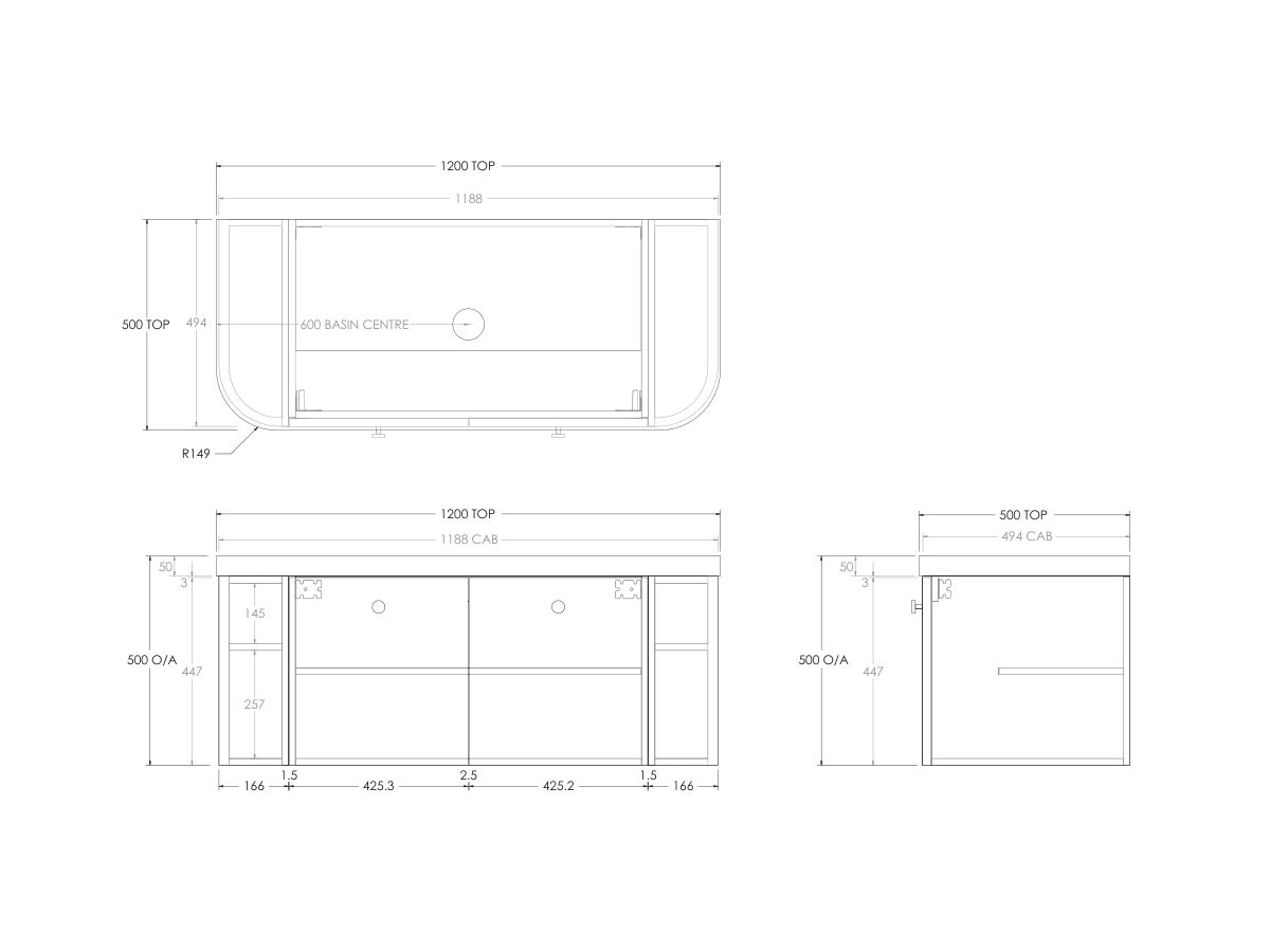 Kado Era 50mm Durasein Statement Top Double Curve All Door 1200mm Wall Hung Vanity with Center Basin