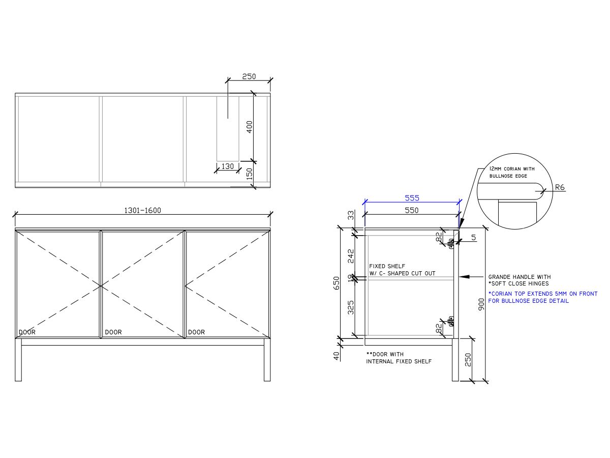 ISSY Adorn Undermount Vanity Unit with Legs Three Doors & Internal Shelves with Grande Handle 1301-1600mm x 550mm x 900mm OFFSET RIGHT (CENTRE RIGHT)