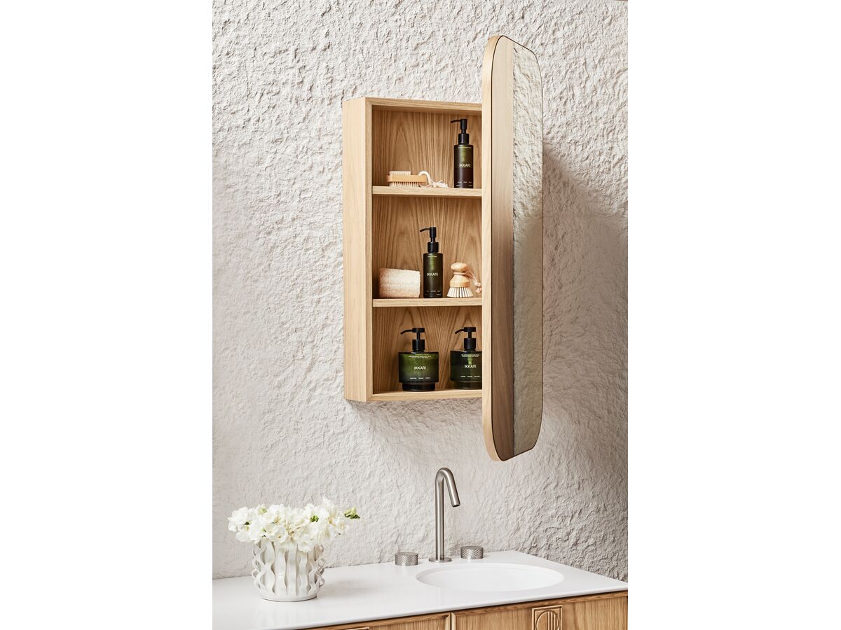 Adorn 3 vanity with Eclipse handle and Ballerina shaving cabinet portrait close up side view door open - American Oak