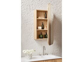 Adorn 3 vanity with Eclipse handle and Ballerina shaving cabinet portrait close up side view door open - American Oak