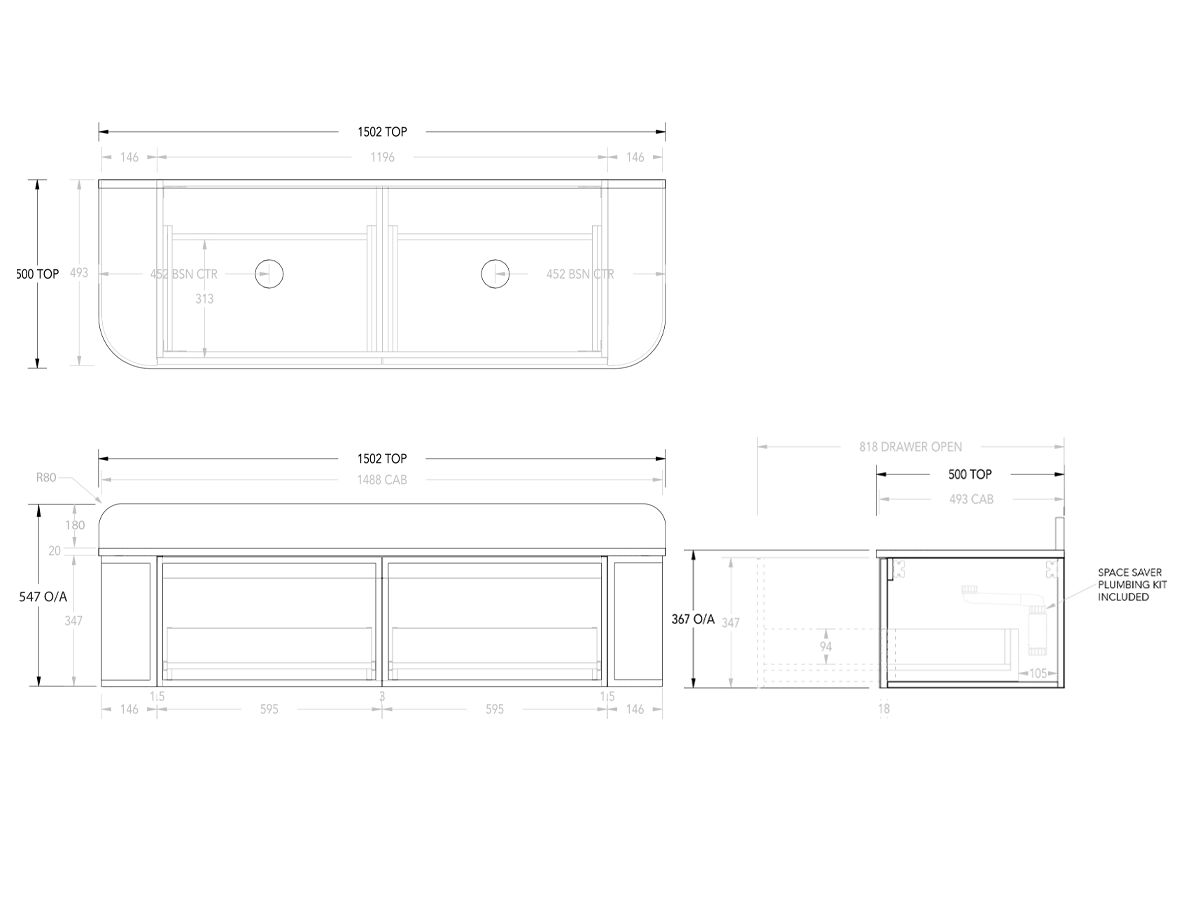 ADP Flo by Alisa & Lysandra All Drawer Vanity Unit Double Bowl 1500 Friday Quartz Top 2 Drawers (No Basin)