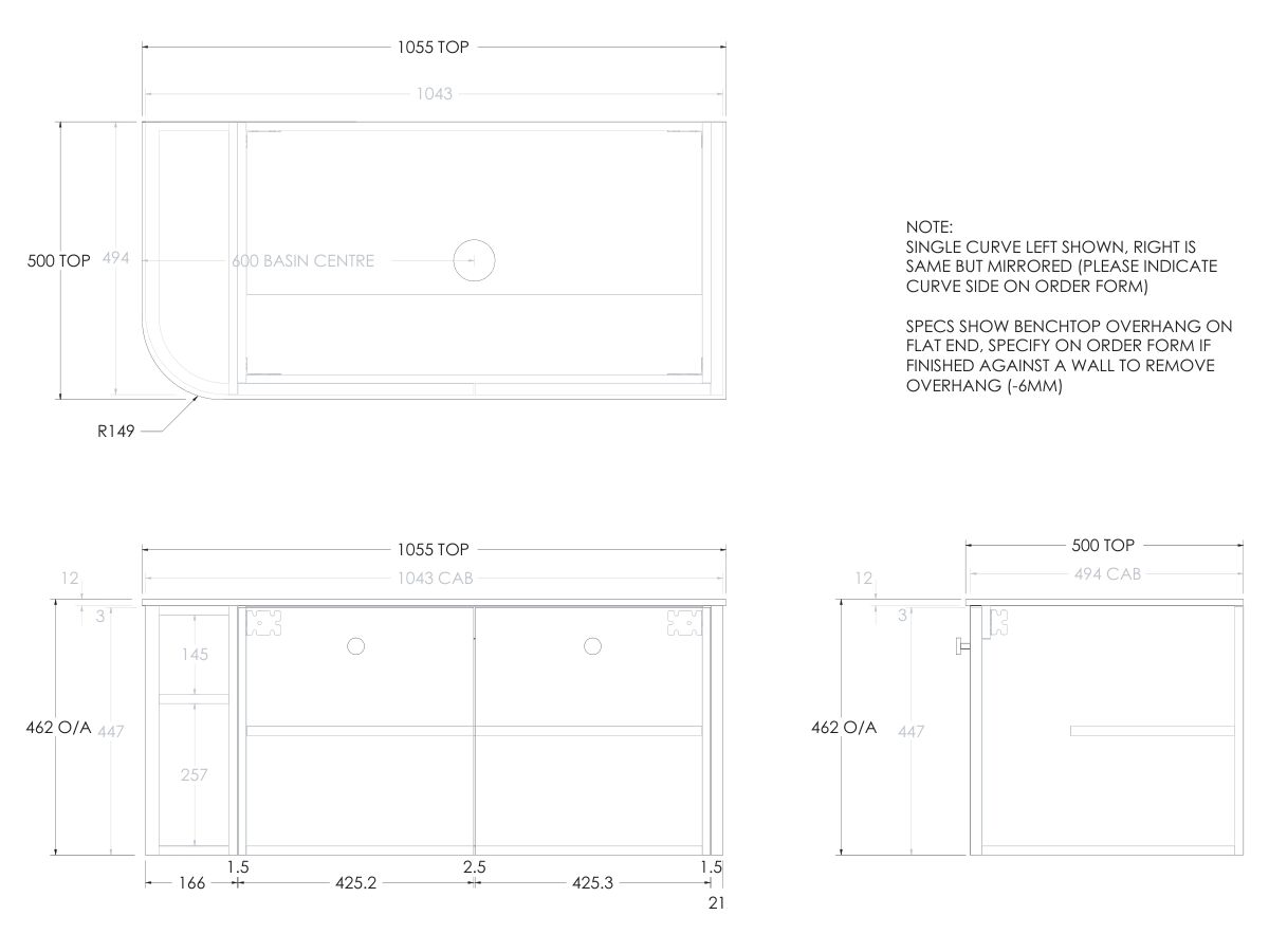 Kado Era 12mm Durasein Top Single Curve All Door 1050mm Wall Hung Vanity with Center Basin