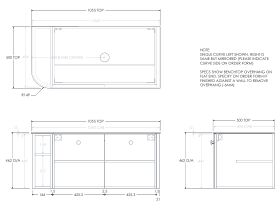 Technical Drawing - Kado Era 12mm Durasein Top Single Curve All Door 1050mm Wall Hung Vanity with Center Basin