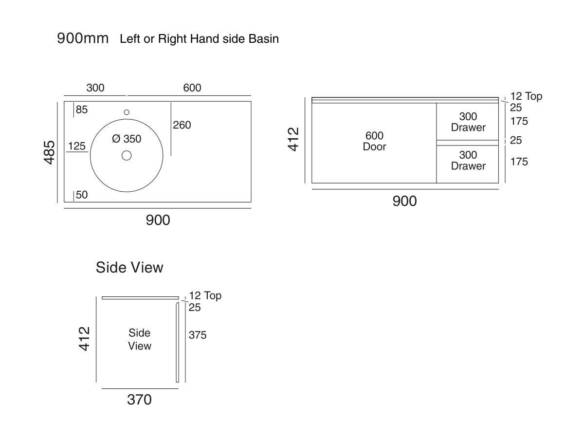 Cibo Habitat Wall Hung Vanity 1 Door 2 Drawer 900mm