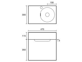 Technical Drawing - Omvivo Neo MKII Mini Wall Hung Vanity 470mm Right Hand Bowl