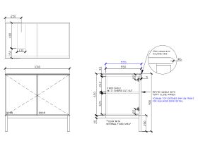 Technical Drawing - ISSY Adorn Undermount Vanity Unit with Legs Two Doors & Internal Shelves with Petite Handle 1000mm x 550mm x 900mm OFFSET LEFT (OPENS BOTH SIDES)