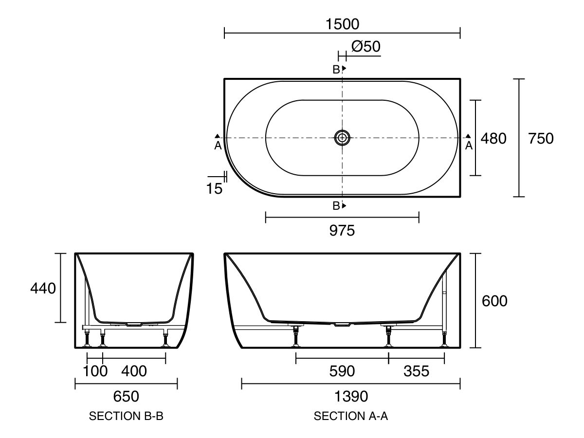Posh Solus Back To Corner Freestanding Bath 1500mm Right Corner White