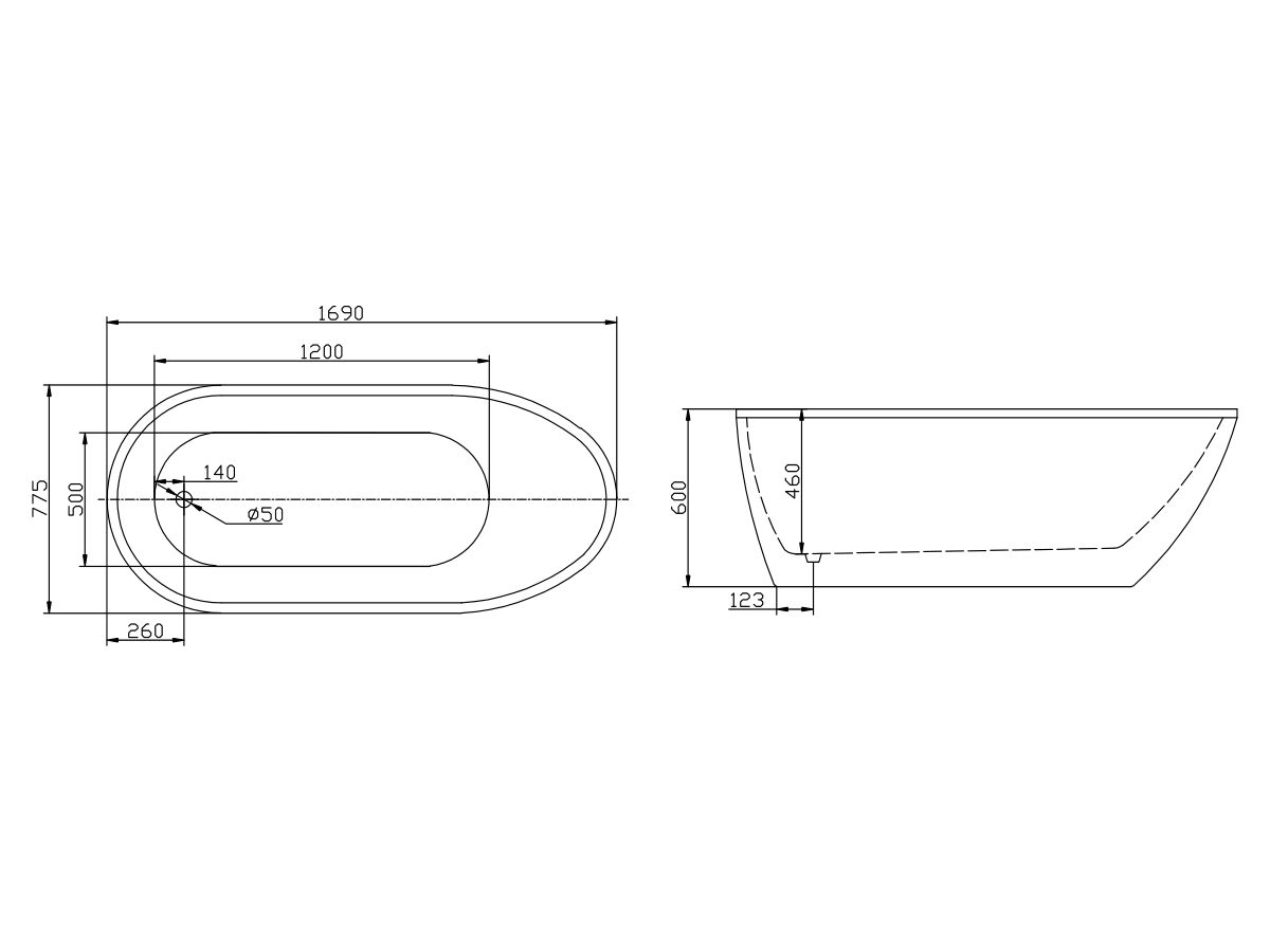 Kado Arc Flat Rim Freestanding Bath 1690mm x 775mm White
