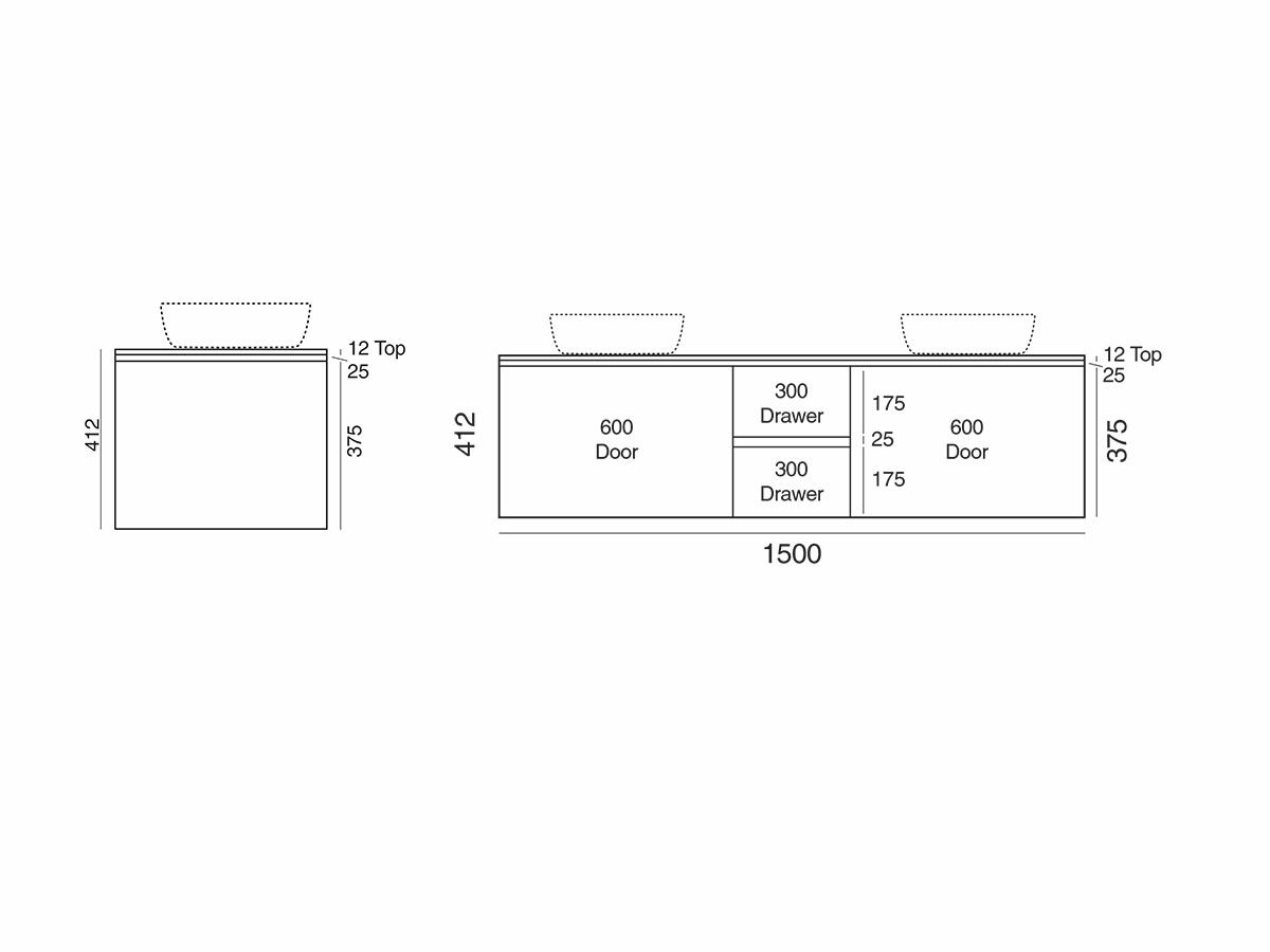 Cibo Habitat 1500mm Wall Hung Vanity Unit Double Bowl (No Basin) from Reece