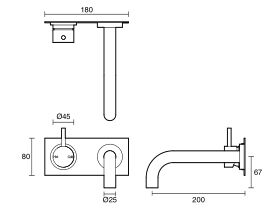 Technical Drawing - Scala 25mm Curved Wall Basin Mixer Tap System Left Hand Mixer Tap 200mm Outlet