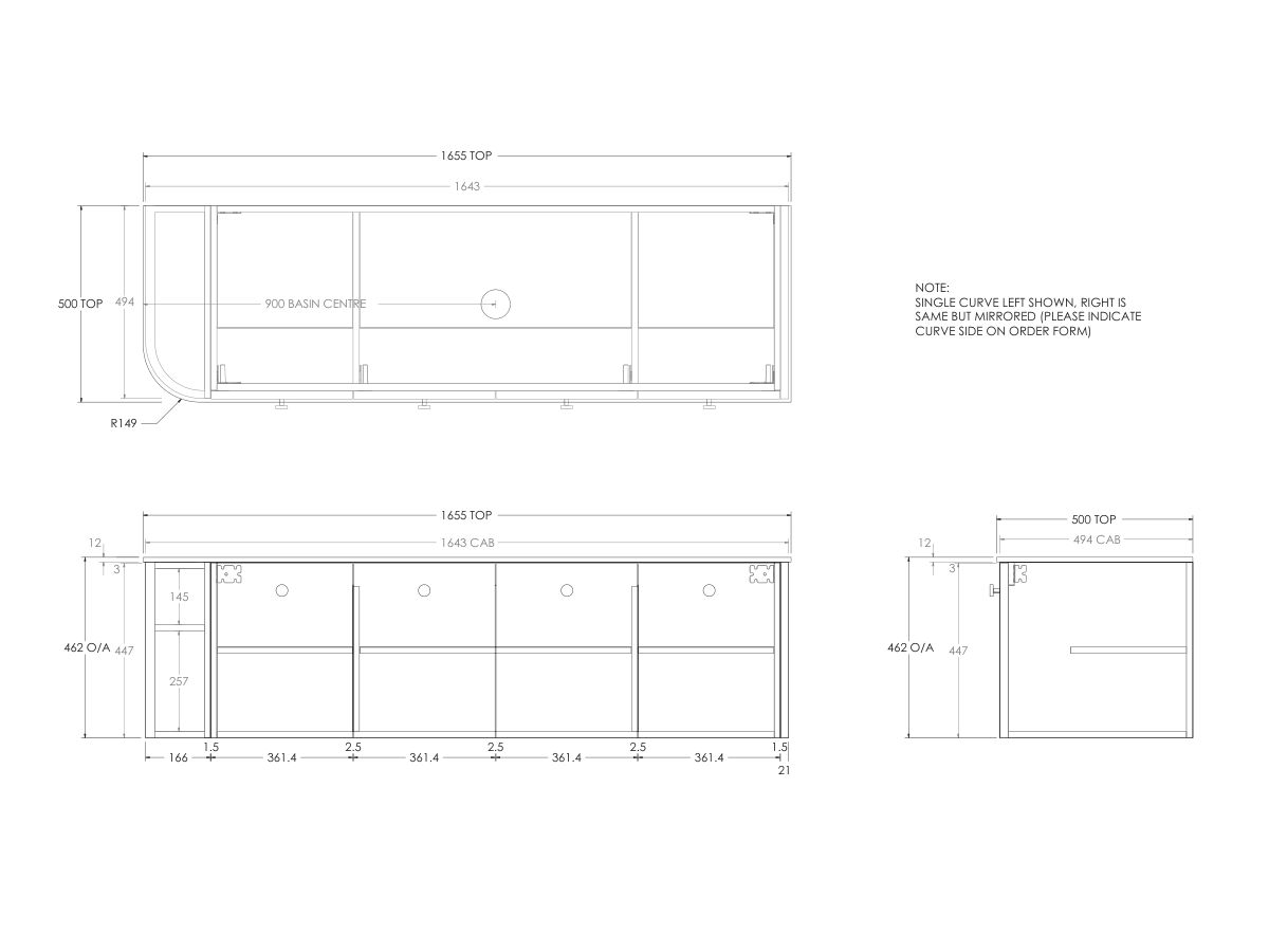 Kado Era 12mm Durasein Top Single Curve All Door 1650mm Wall Hung Vanity with Center Basin