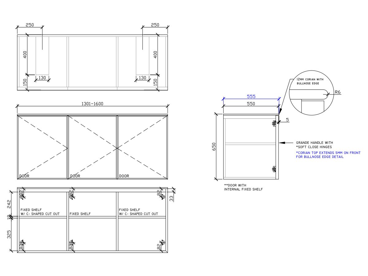 ISSY Adorn Undermount Wall Hung Vanity Unit with Three Doors & Internal Shelf with Grande Handle 1301-1600mm x 550mm x 650mm DOUBLE BASIN (CENTRE LEFT)
