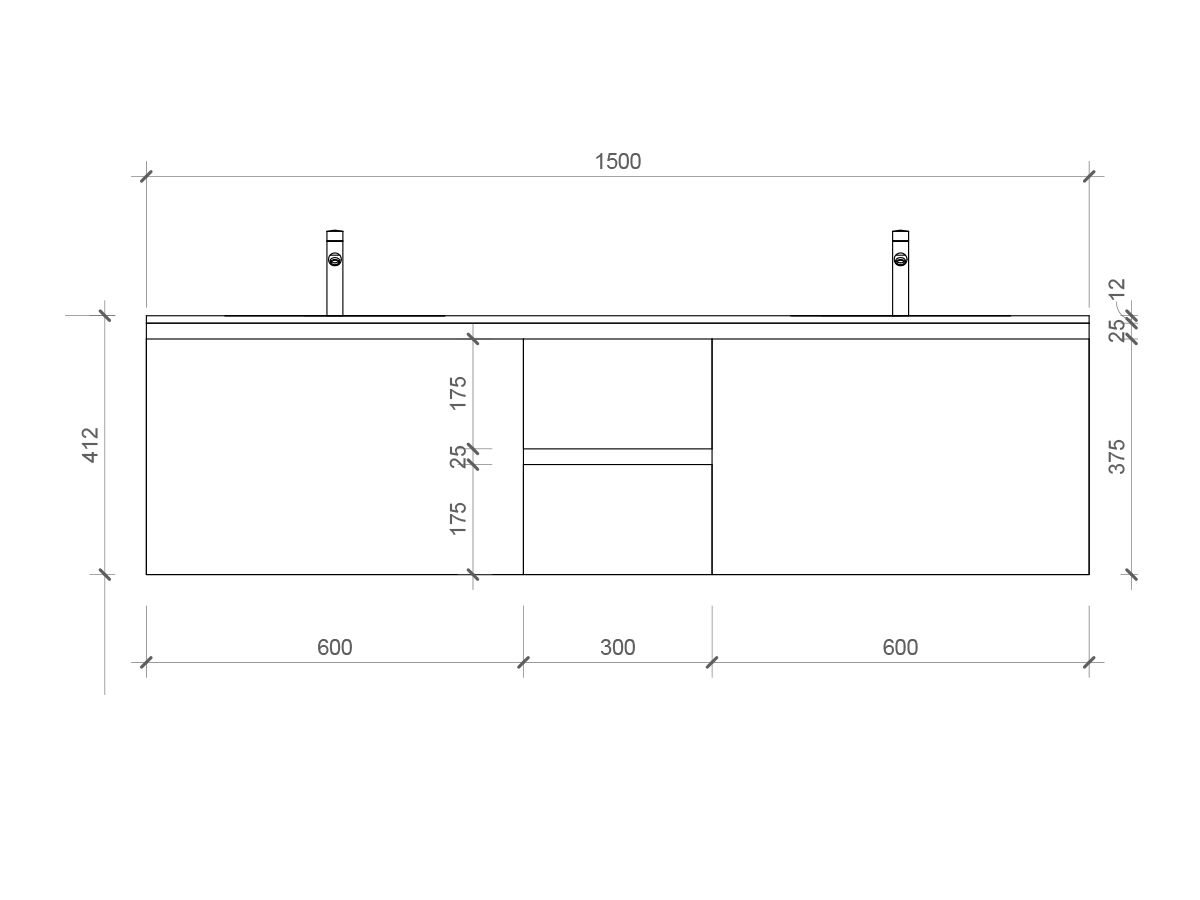 Cibo Habitat 1500mm Wall Hung Vanity Unit Double Bowl 2 Door 2 Drawers