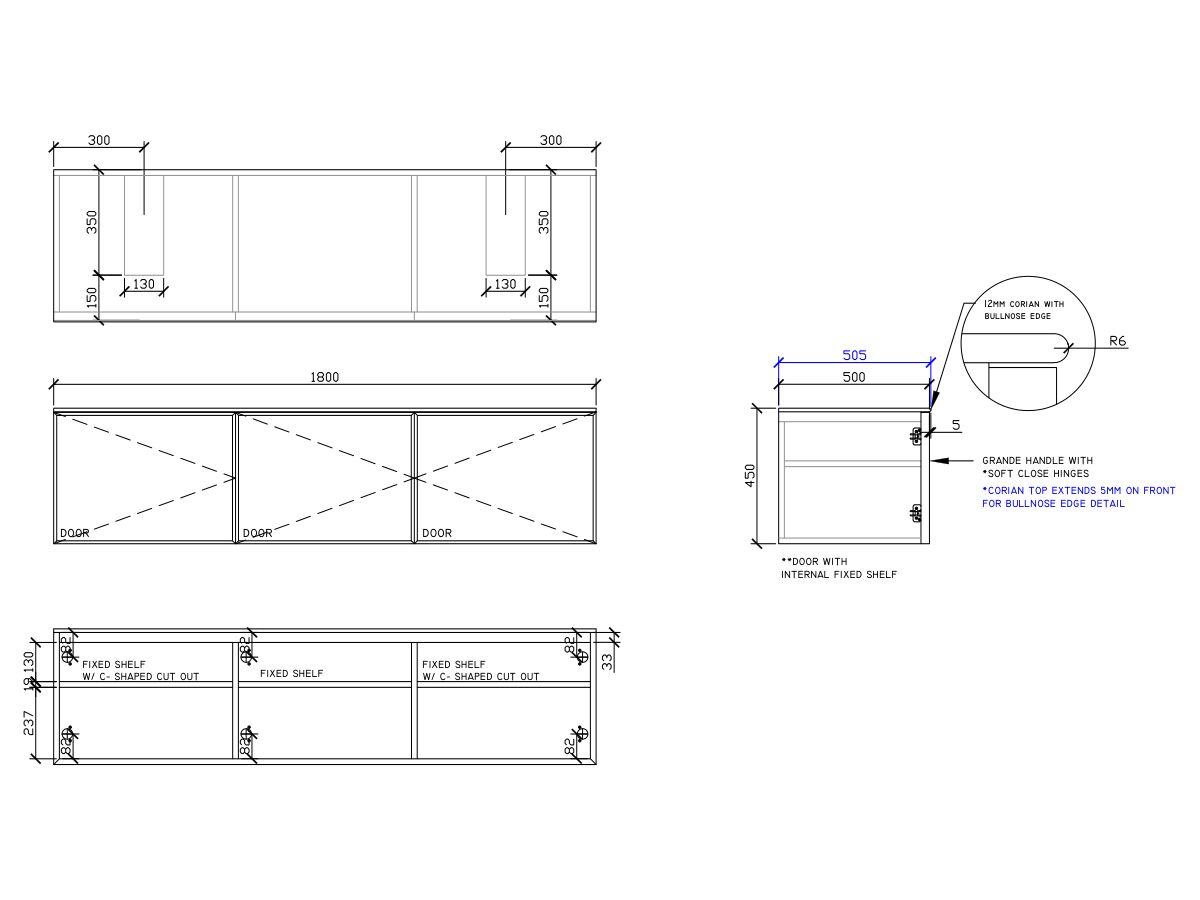 ISSY Adorn Above Counter / Semi Inset Wall Hung Vanity Unit with Three Doors & Internal Shelves with Grande Handle 1800mm x 500mm x 450mm DOUBLE (CENTRE LEFT)