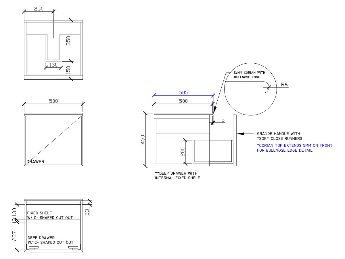 ISSY Adorn Above Counter / Semi Inset Wall Hung Vanity Unit with One Drawer & Internal Shelf with Grande Handle 500mm x 500mm x 450mm CENTER