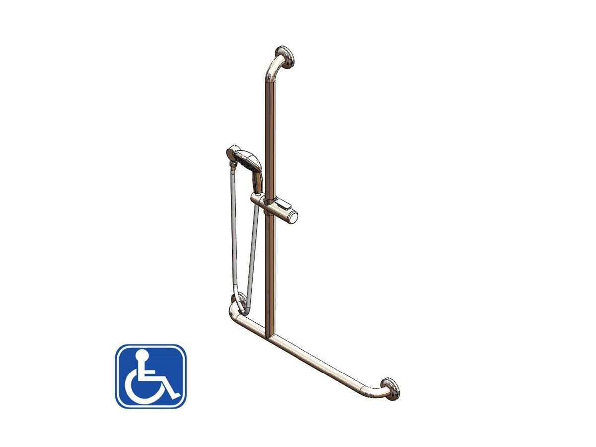 Enware Hand Held Shower & Smooth Hose with Left Hand Inverted T Stainless Steel Grab Rail Chrome (3 Star)