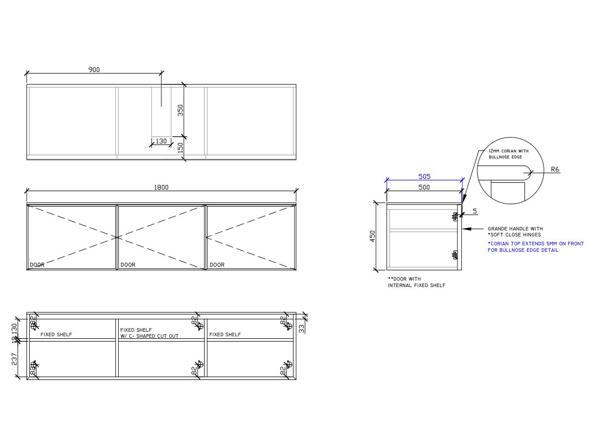 ISSY Adorn Above Counter / Semi Inset Wall Hung Vanity Unit with Three Doors & Internal Shelves with Grande Handle 1800mm x 500mm x 450mm CENTERED (CENTRE RIGHT)