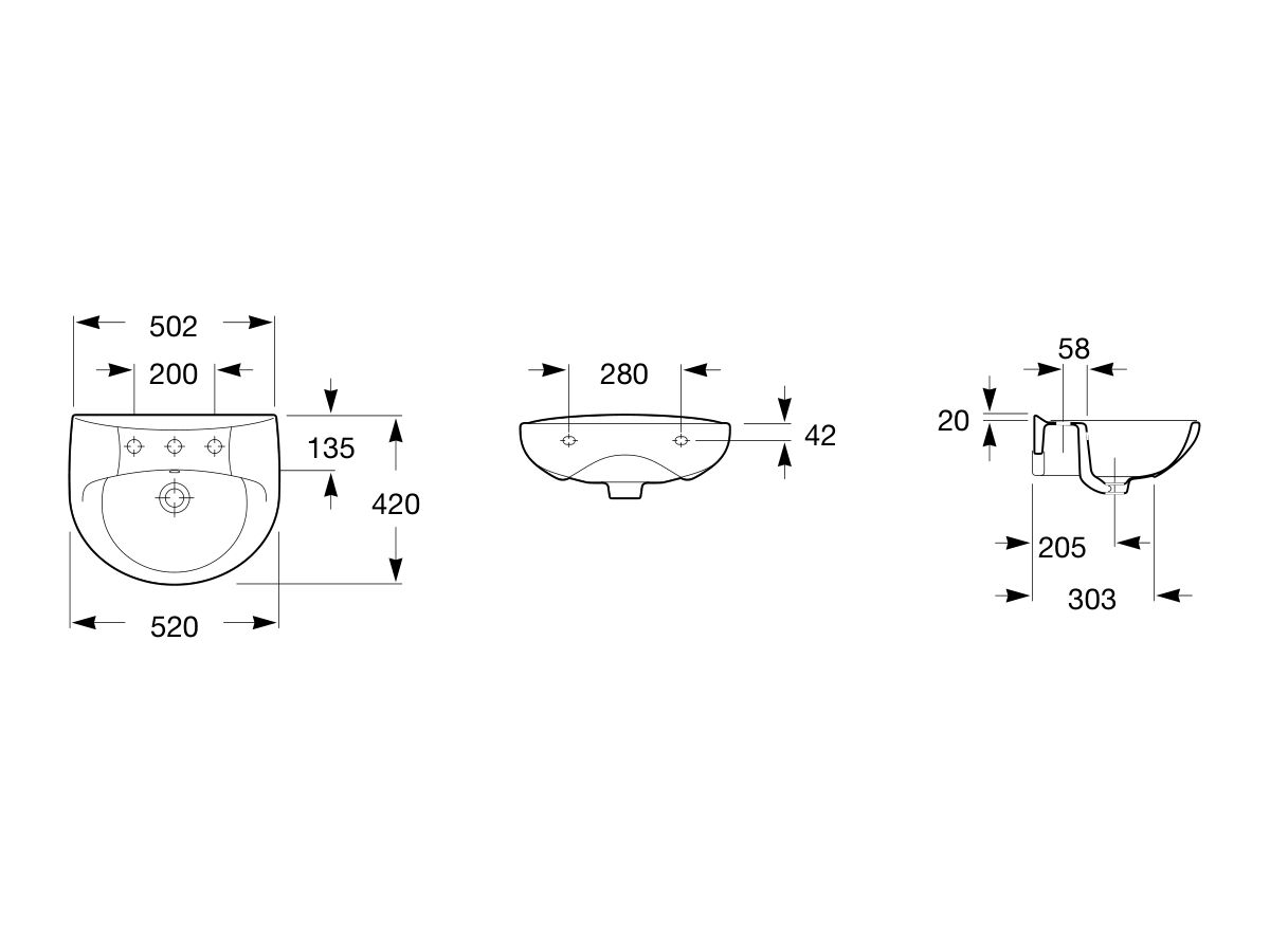 Victoria Wall Basin with Fix 520mm 1 Tap Hole White
