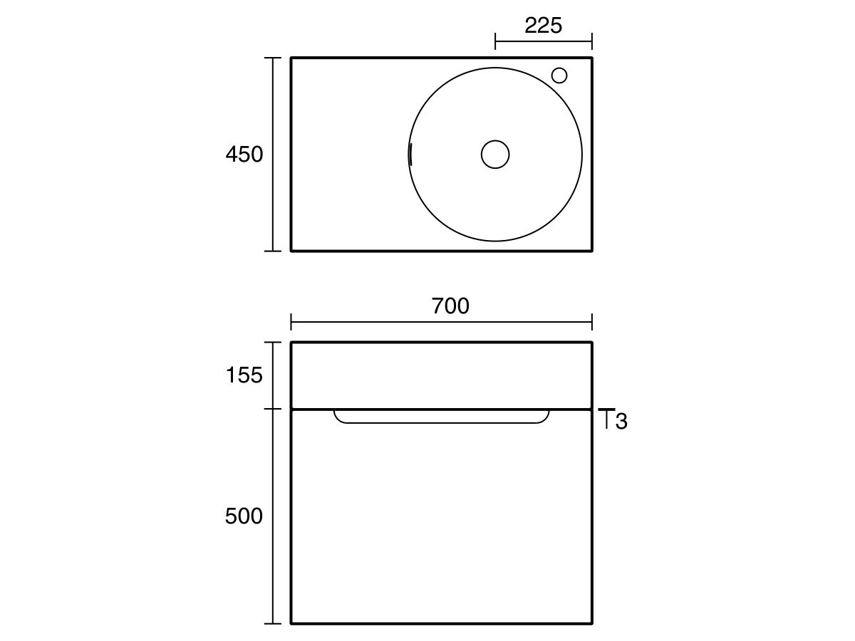 Technical Drawing - Omvivo Neo Two Wall Hung Vanity  700mm Right Hand Bowl