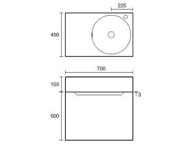 Technical Drawing - Omvivo Neo Two Wall Hung Vanity  700mm Right Hand Bowl