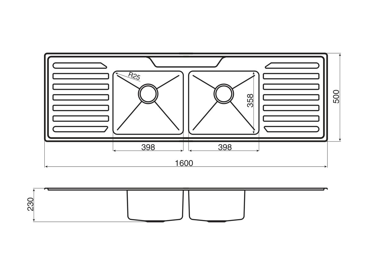 AFA Cubeline Double Bowl Double Drainer Inset Sink 1 Taphole 1600mm Stainless Steel
