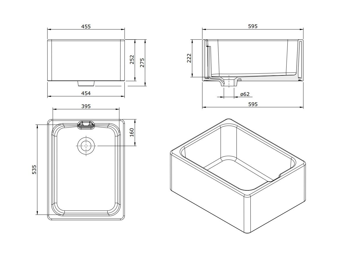 Belfast Fine Fireclay Butler Sink with Internal Overflow 60cm x 46cm