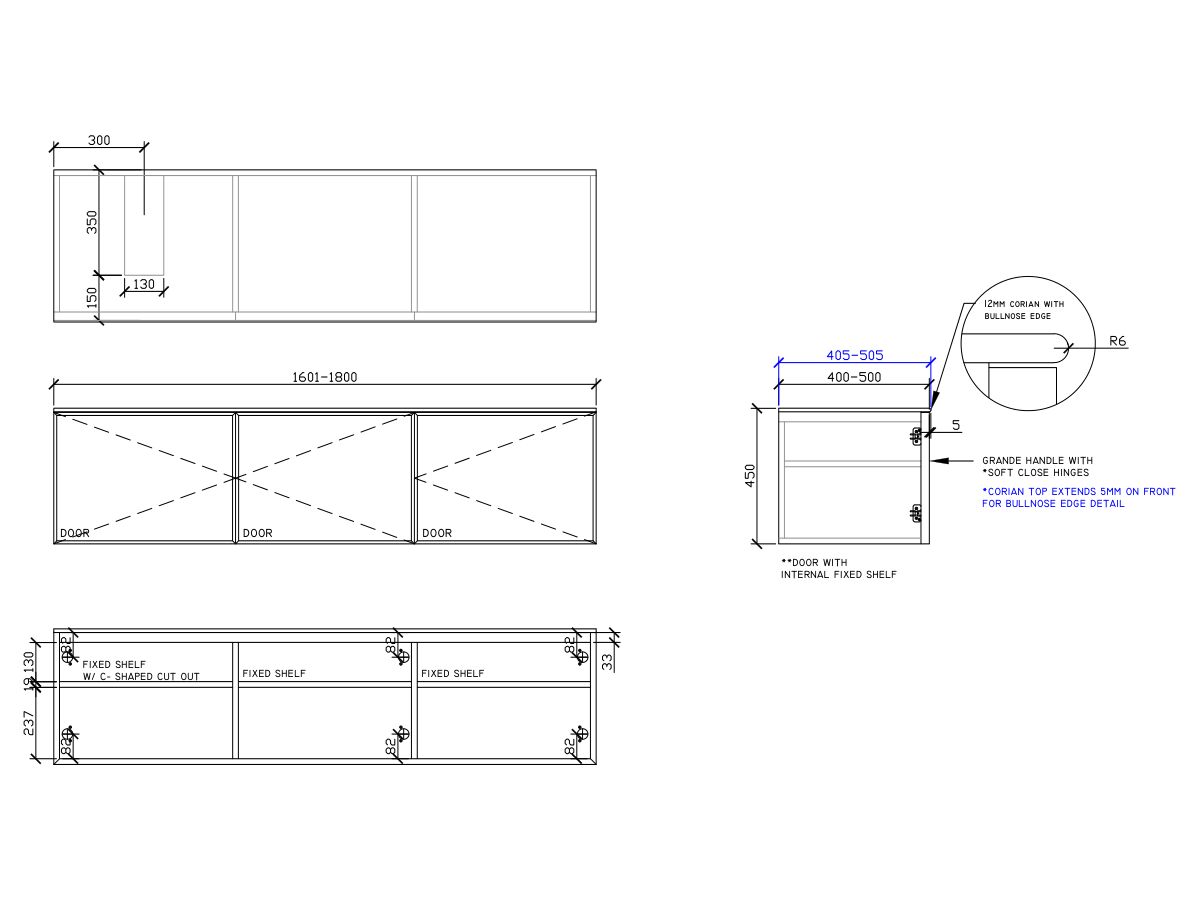 ISSY Adorn Above Counter / Semi Inset Wall Hung Vanity Unit with Three Doors & Internal Shelf with Grande Handle 1601-1800mm x 400-500mm x 450mm OFFSET LEFT (CENTRE RIGHT)