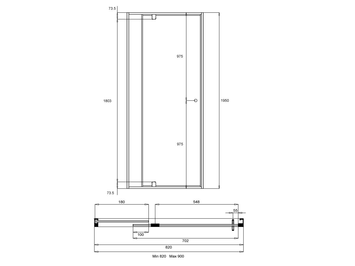Creative Glass Semi-Framed Front Only shower screen with pivot door - Height 1950 x Front 820-900. 6mm Clear toughened glass and Polished Silver frame.