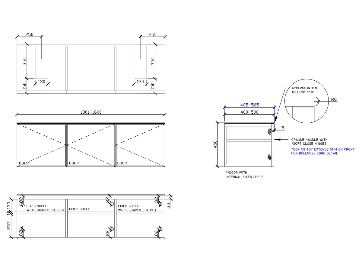 ISSY Adorn Above Counter / Semi Inset Wall Hung Vanity Unit with Three Doors & Internal Shelf with Grande Handle 1301-1600mm x 400-500mm x 450mm DOUBLE BASIN (CENTRE RIGHT)