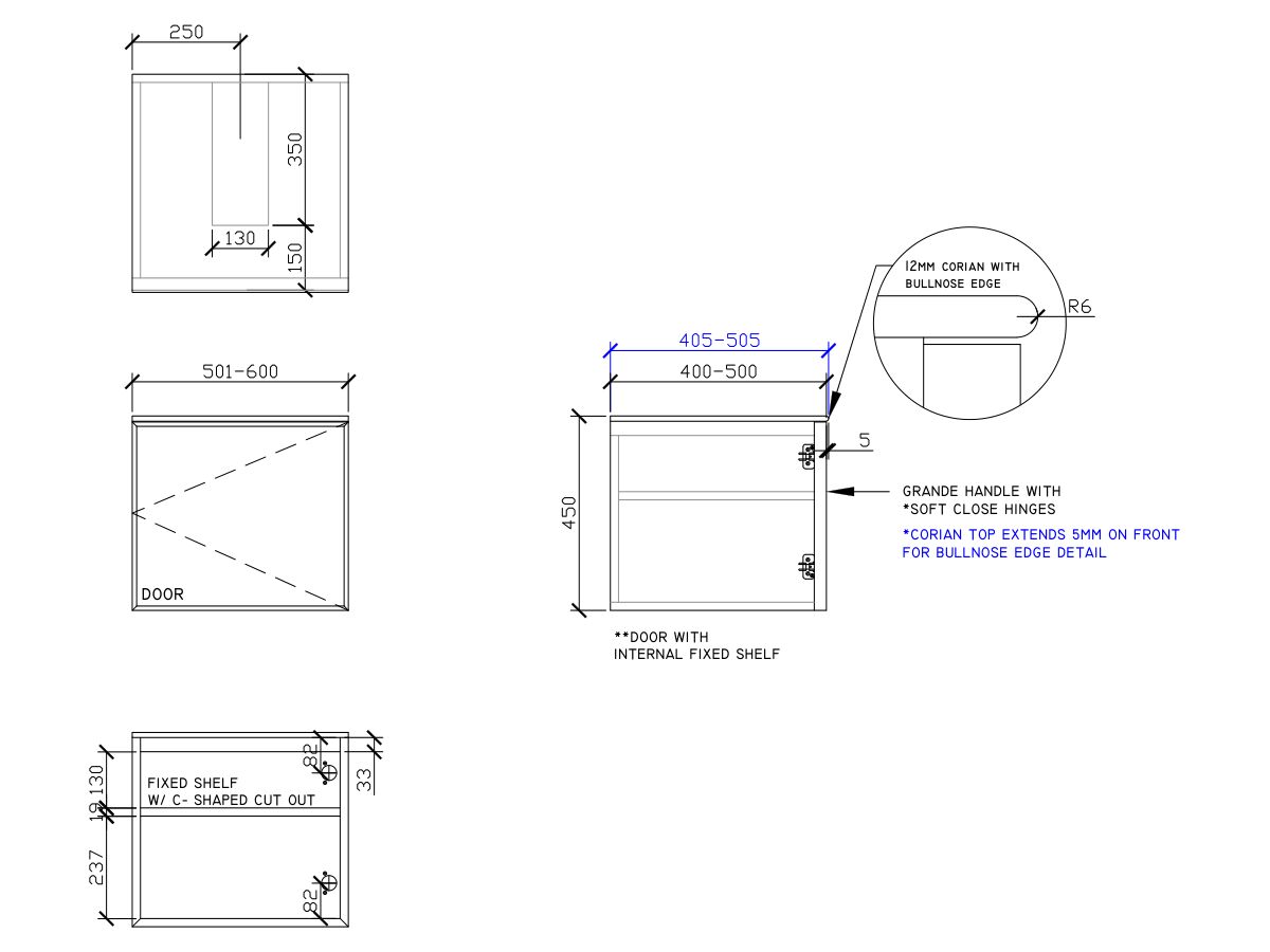 ISSY Adorn Above Counter / Semi Inset Wall Hung Vanity Unit with One Door & Internal Shelf with Grande Handle 501-600mm x 400-500mm x 450mm CENTER (RIGHT)