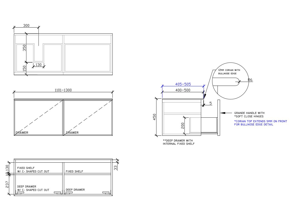 ISSY Adorn Above Counter / Semi Inset Wall Hung Vanity Unit with Two Drawers & Internal Shelves with Grande Handle 1101-1300mm x 400-500mm x 450mm OFFSET LEFT