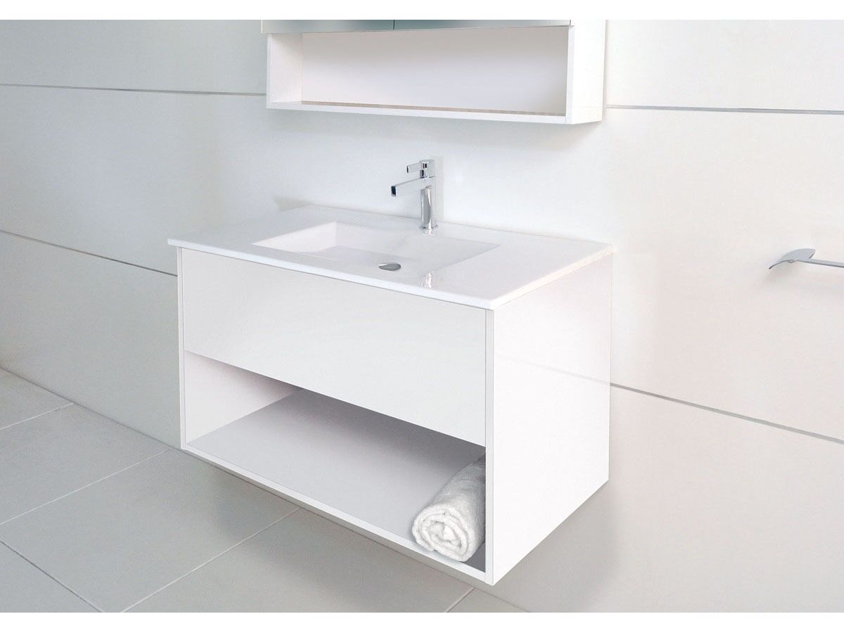 Posh Solus Wall Hung Vanity Unit Open Shelf (Acrylic Top) 1 Drawer 900mm
