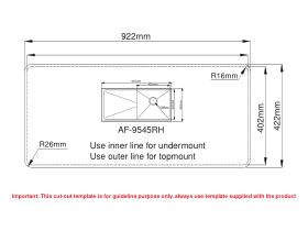 Cut Out Template - AFA Exact Single Bowl Inset/Undermount Right Hand Bowl Sink No Taphole 950mm Stainless Steel