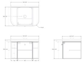 Technical Drawing - Kado Era 50mm Durasein Statement Top Double Curve All Door 750mm Wall Hung Vanity with Center Basin