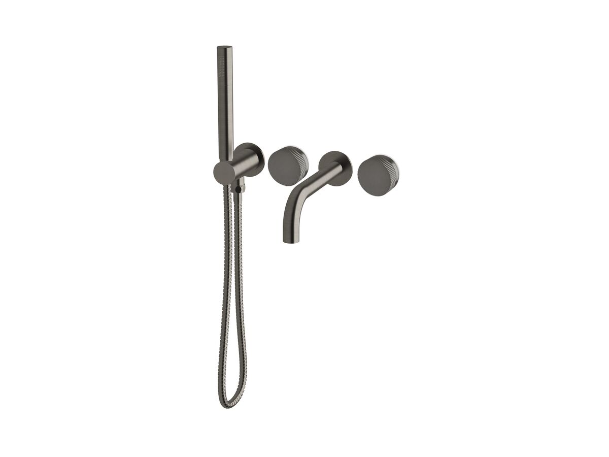 Milli Pure Progressive Bath Mixer Tap System 160mm with Hand Shower Right Hand and Linear Textured Handles Brushed Gunmetal (3 star)