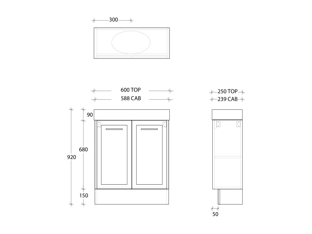 Kado Lux Petite Vanity Unit Floor Mount 600 Centre Bowl Statement Top (Basin Included)